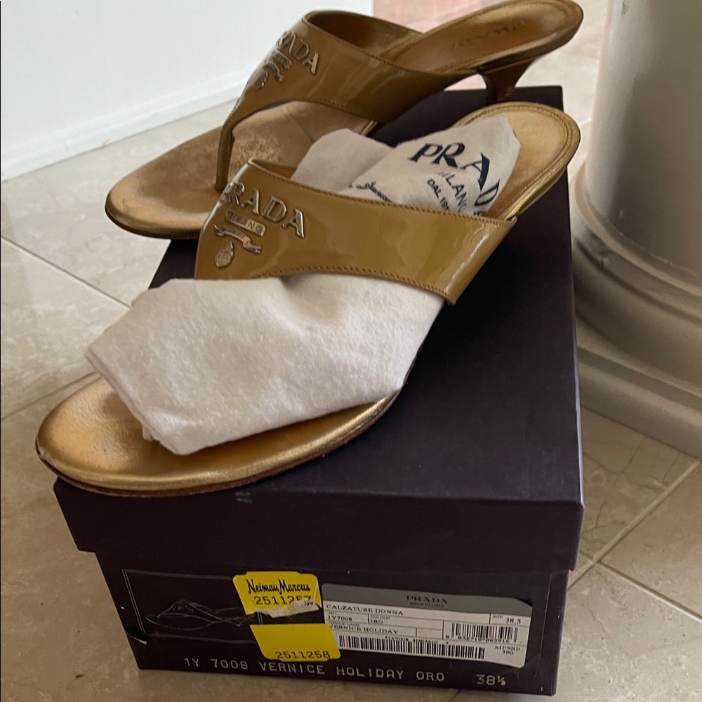 Prada Metallic Gold Patent Leather Thong Heels